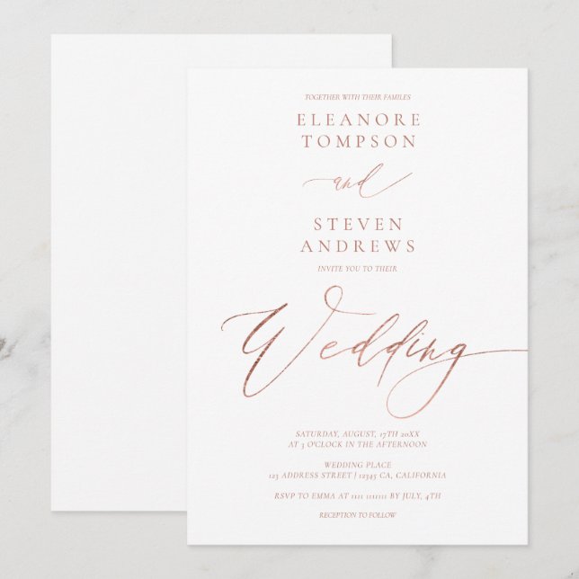 Invitation Chic rose or calligraphie luxe mariage blanc (Devant / Derrière)