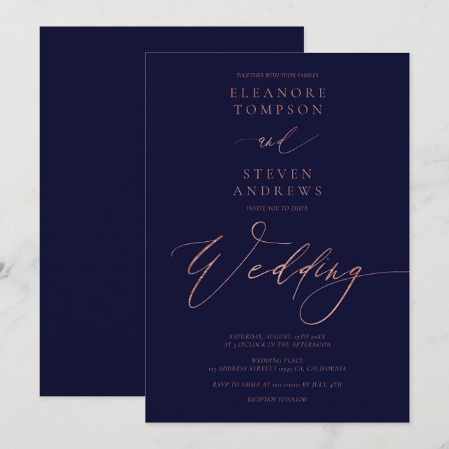 Invitation Chic rose or calligraphie luxe marine bleu mariage (Devant / Derrière)