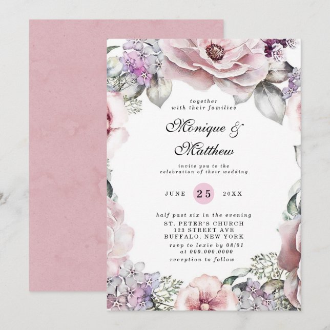 Invitation Chic Rose or Floral et Eucalyptus Mariage Invit (Devant / Derrière)