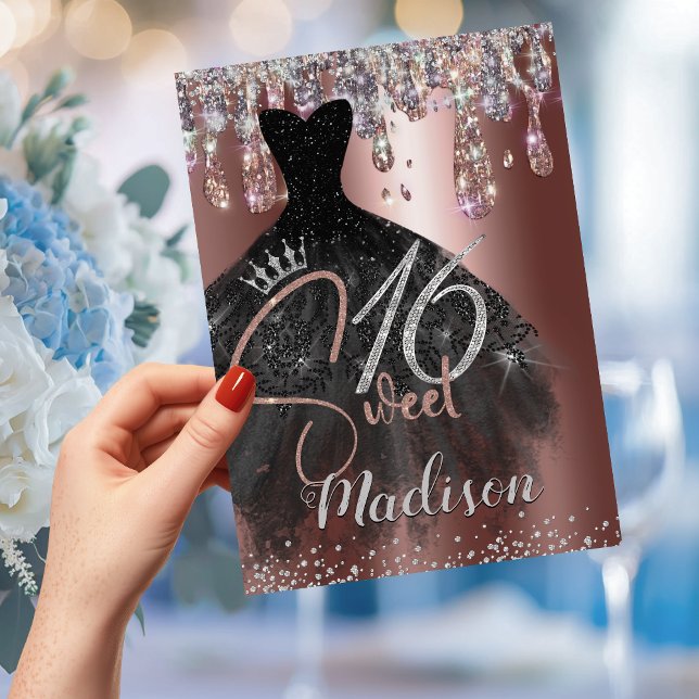 Invitation Chic rose or parties scintillant argent gouttes do (Créateur téléchargé)