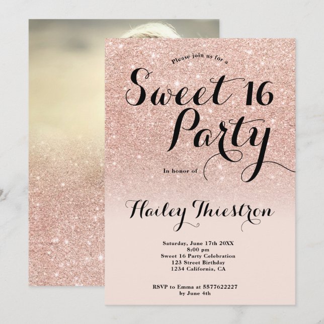 Invitation Chic rose or parties scintillant en or  ombre phot (Devant / Derrière)