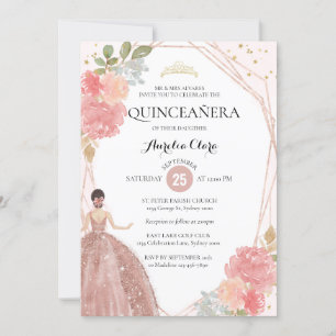 Invitation Chic Rose or rose Floral Géométrique Quinceañera I
