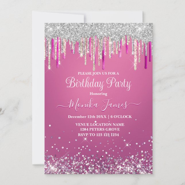 Invitation Chic Rose Pâle Argent Paillettes Monogramme (Devant)
