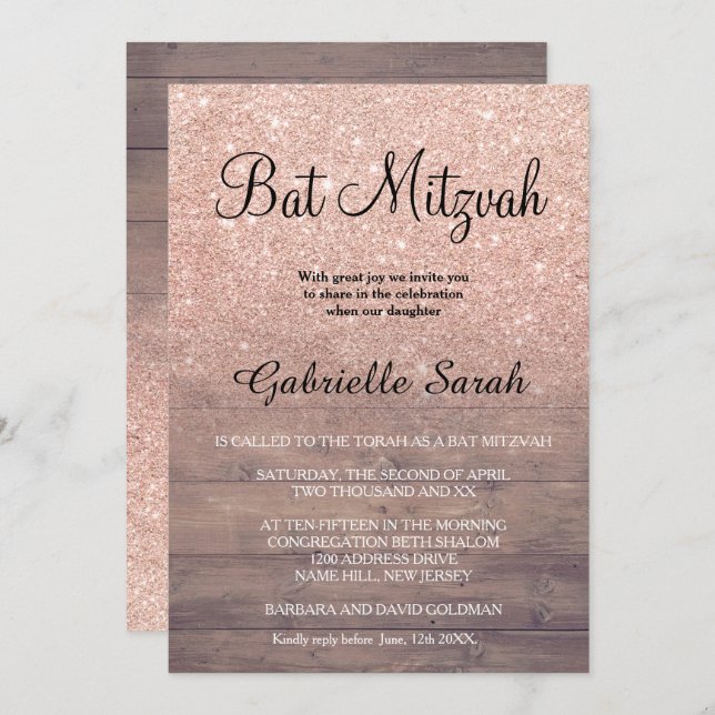 Invitation Chic rose parties scintillant or Bat mitzvah bois  (Devant / Derrière)