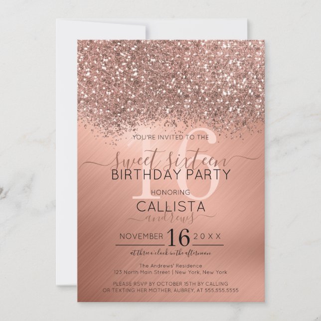 Invitation Chic Rose Parties scintillant or Confetti métal do (Devant)