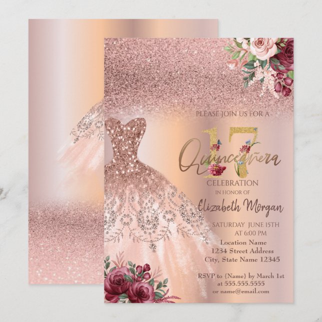 Invitation Chic Rose Parties scintillant or robe Floral Quinc (Devant / Derrière)