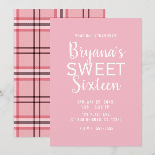 Invitation Chic rose Preppy Plaid Sweet 16 Anniversaire (Devant / Derrière)
