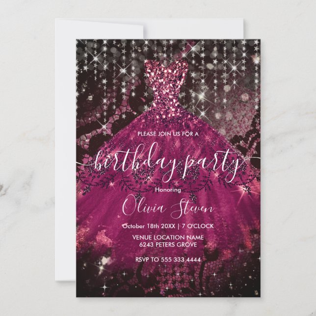 Invitation Chic rose robe noir dentelle parties scintillant g (Devant)