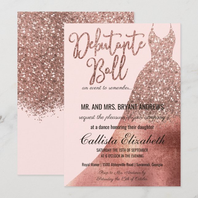 Invitation Chic Rose Rose Gold Parties scintillant robe Debut (Devant / Derrière)