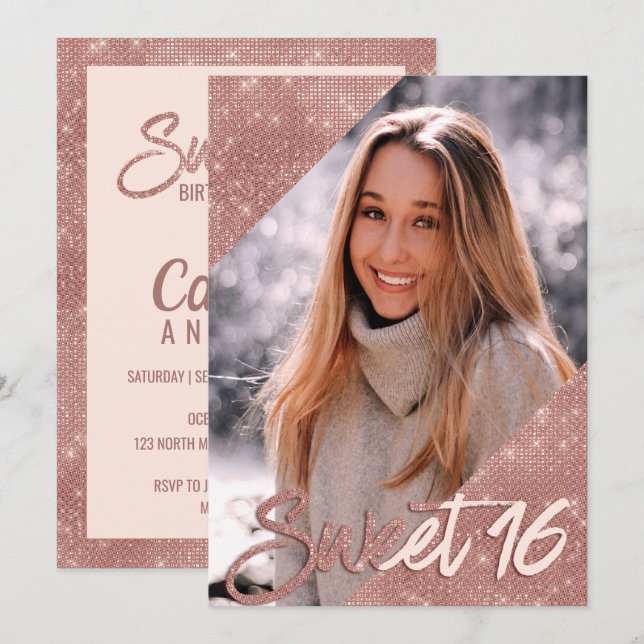 Invitation Chic Rose Rose Parties scintillant or Frontière Ph (Devant / Derrière)