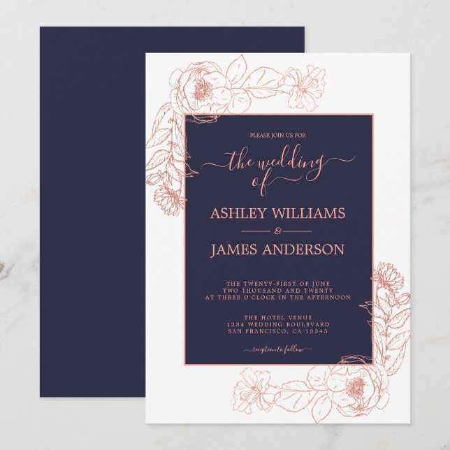 Invitation Chic rose rose rose or bleu foncé Mariage (Devant / Derrière)