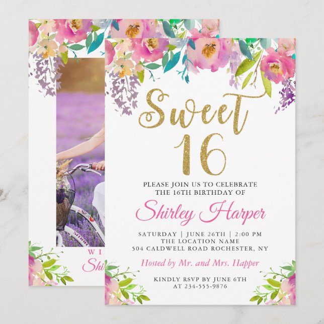Invitation Chic rose Sweet sixteen floral 16 Anniversaire Pho (Devant / Derrière)