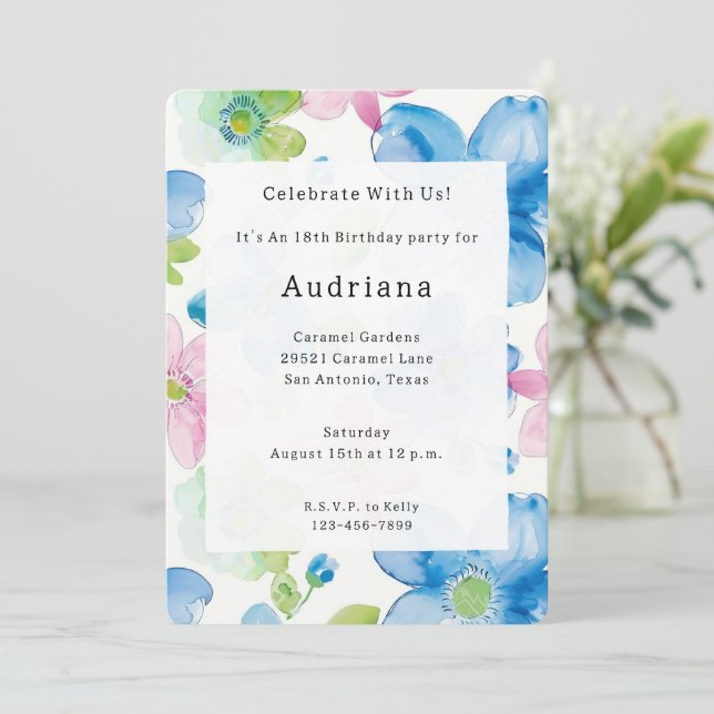 Invitation Chic Rose Vert Bleu Floral Anniversaire (Debout devant)
