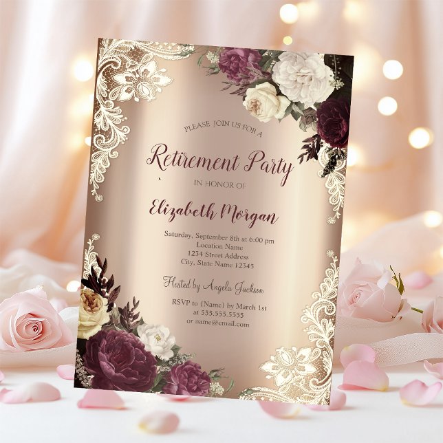 Invitation Chic Roses de Bourgogne, Lace Retirement (Créateur téléchargé)