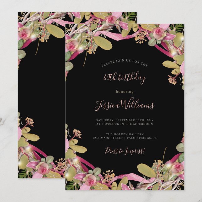 Invitation Chic Roses & Foliage Floral 40e anniversaire (Devant / Derrière)