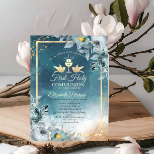 Invitation Chic Roses Vertes Calice Première Communion Solenn