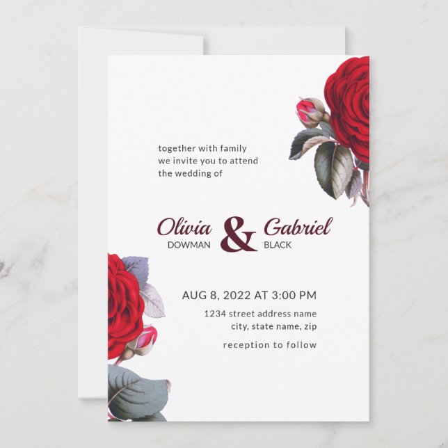Invitation Chic rouge Bourgogne rose. Blossom Nature Mariage (Devant)