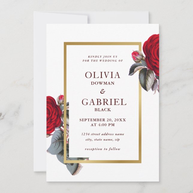 Invitation Chic rouge Bourgogne rose. Mariage de luxe floral (Devant)