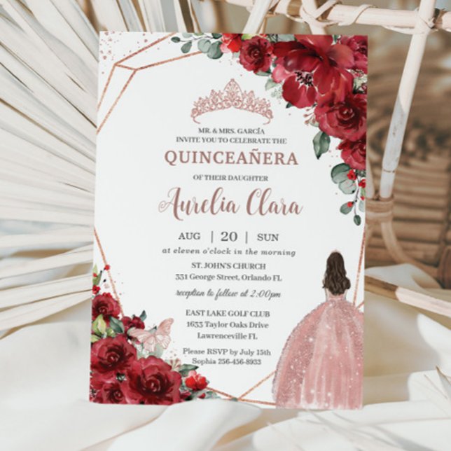 Invitation Chic Rouge Floral Rose Gold Robe fille Quinceañera (Créateur téléchargé)