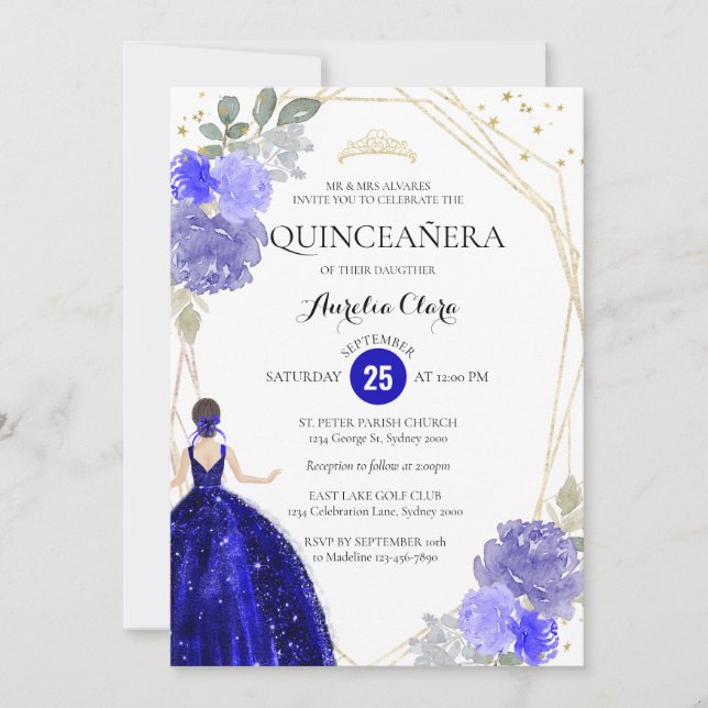 Invitation Chic Royal Blue Floral géométrique Quinceañera (Devant)