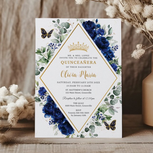 Invitation Chic Royal Blue Floral Papillons Quinceañera (Créateur téléchargé)