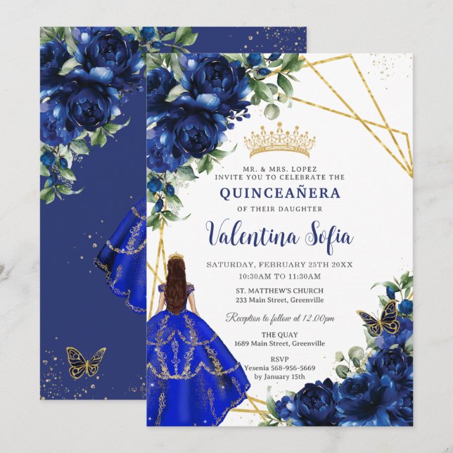 Invitation Chic Royal Blue Floral Princess Gold Quinceañera (Devant / Derrière)