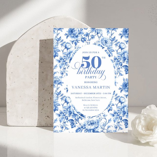 Invitation Chic Royal Blue Toile de Jouy 50th Birthday Invite (Chic Royal Blue Toile de Jouy 50th Birthday Invite)
