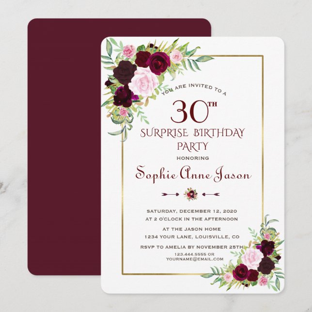 Invitation Chic Royal Bourgogne Marsala Floral 30e anniversai (Devant / Derrière)
