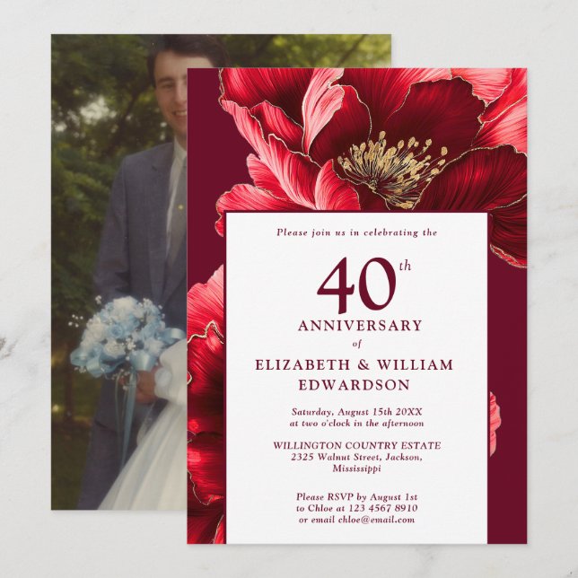 Invitation Chic Ruby Red Floral 40e anniversaire Photo (Devant / Derrière)