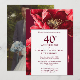 Invitation Chic Ruby Red Floral 40e anniversaire Photo