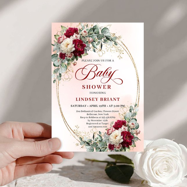 Invitation Chic Rustic Burgundy Peony Gold Baby Shower Invite (Chic Rustic Burgundy Peony Gold Baby Shower Invite)
