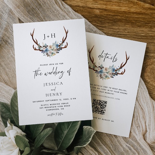 Invitation Chic Rustic Floral Antlers QR Code Mariage (Créateur téléchargé)