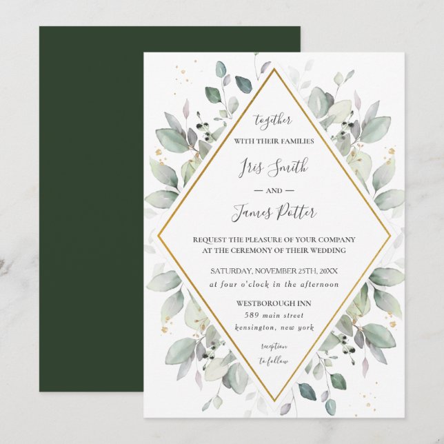 Invitation Chic Rustic Greenery Gold Green Foliage Mariage I (Devant / Derrière)