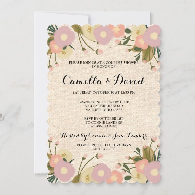 Invitation Chic Rustique Aquarelle Florale Canvas Couple Douc (Devant)