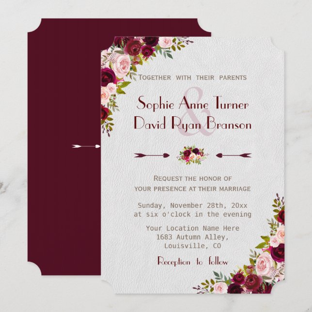Invitation Chic Rustique Bourgogne Marsala Floral Mariage (Devant / Derrière)