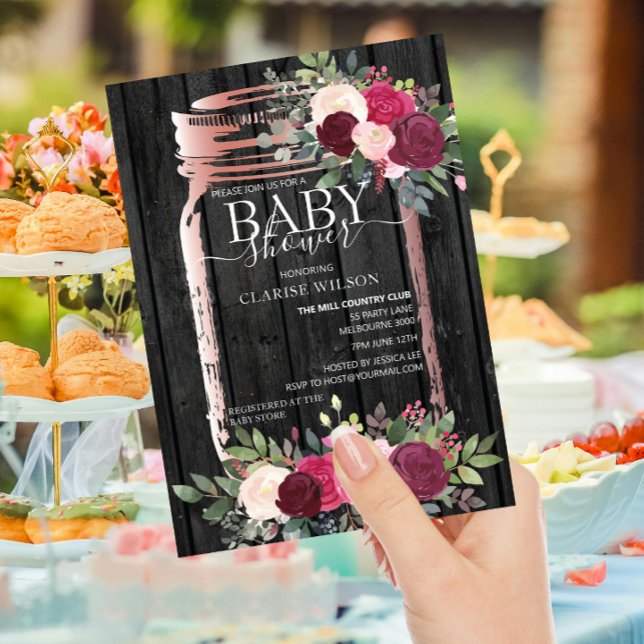 Invitation Chic Rustique Mason Jar Rose Baby shower or (Créateur téléchargé)