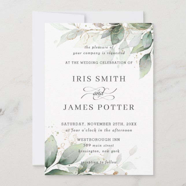 Invitation Chic rustique verdure Mariage d'or de feuillage fe (Devant)