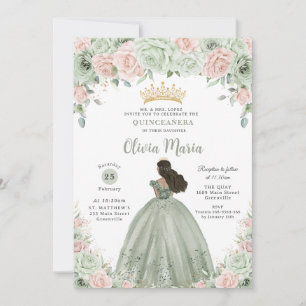 Invitation Chic Sage Green Blush Floral Princess Quinceañera
