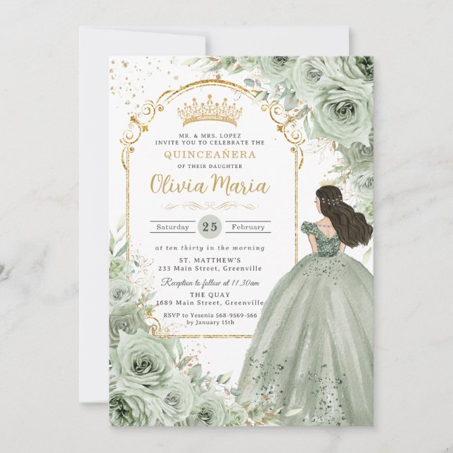 Invitation Chic Sage Green Floral Rose Princesse Quinceañera (Devant)