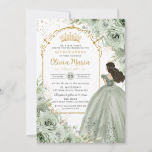 Invitation Chic Sage Green Floral Rose Princesse Quinceañera