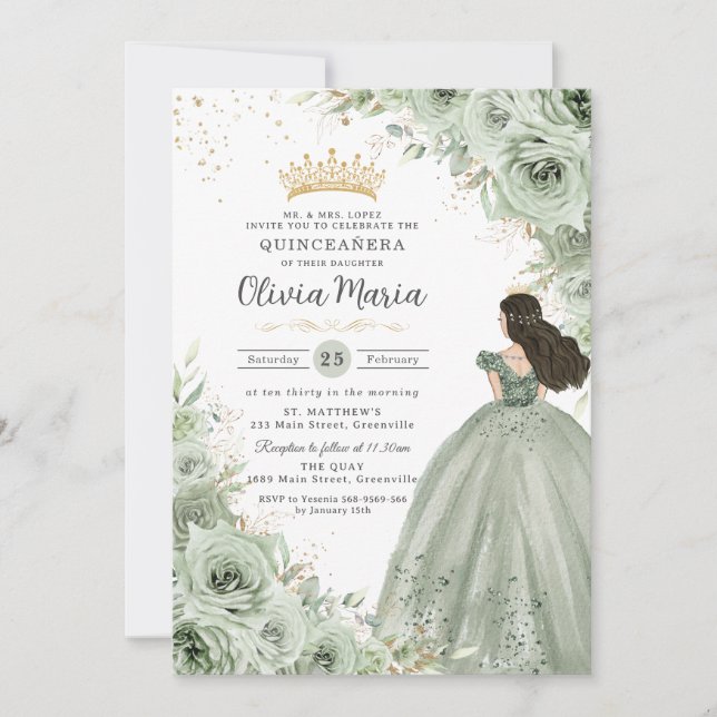 Invitation Chic Sage Green Floral Rose Princesse Quinceañera (Devant)