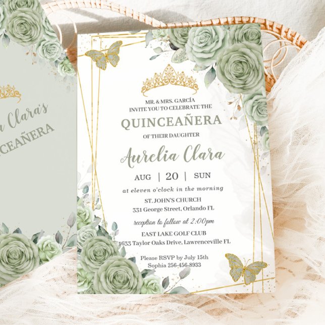 Invitation Chic Sage Green Papillons Floraux Quinceañera (Créateur téléchargé)
