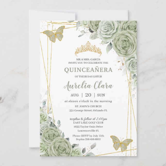 Invitation Chic Sage Green Papillons Floraux Quinceañera (Devant)