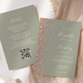 Invitation Chic Sage Green Rose Parties scintillant or QR Cod