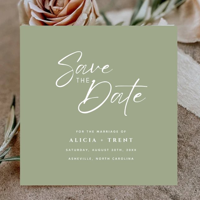 Invitation Chic Sage Green & White Calligraphy Save the Date (Créateur téléchargé)