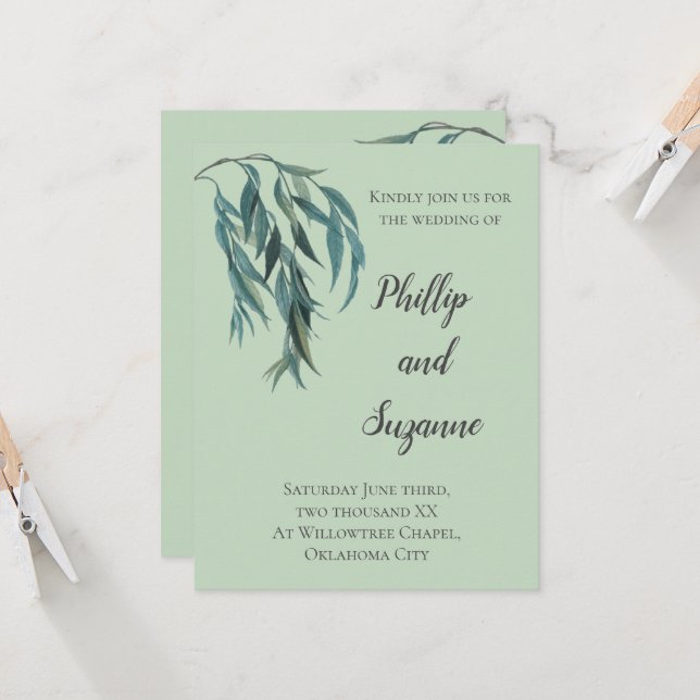 Invitation Chic Sage Green Willow Branch Mariage minimal (Devant/Arrière en situation)