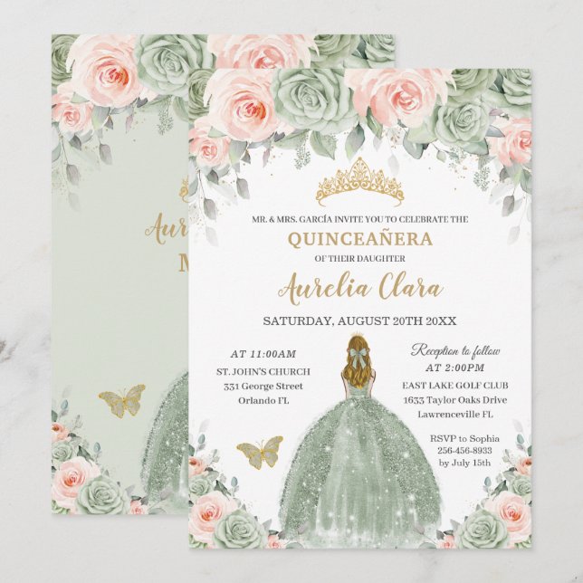 Invitation Chic Sage Vert Blush Floral Blonde Quinceañera (Devant / Derrière)
