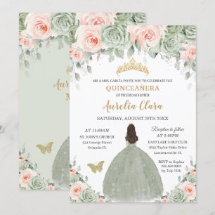 Invitation Chic Sage Vert Blush Floral Or Quinceañera XV