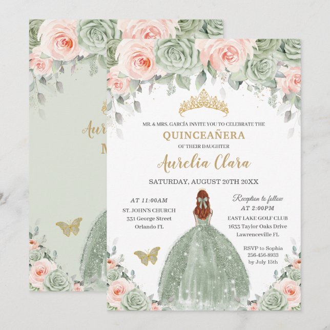 Invitation Chic Sage Vert Blush Floral Rouge Cheveux Quinceañ (Devant / Derrière)