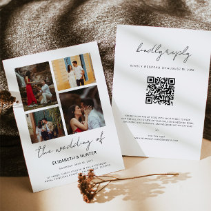 Invitation Chic Script 4 Photo Collage QR Code RSVP Mariage